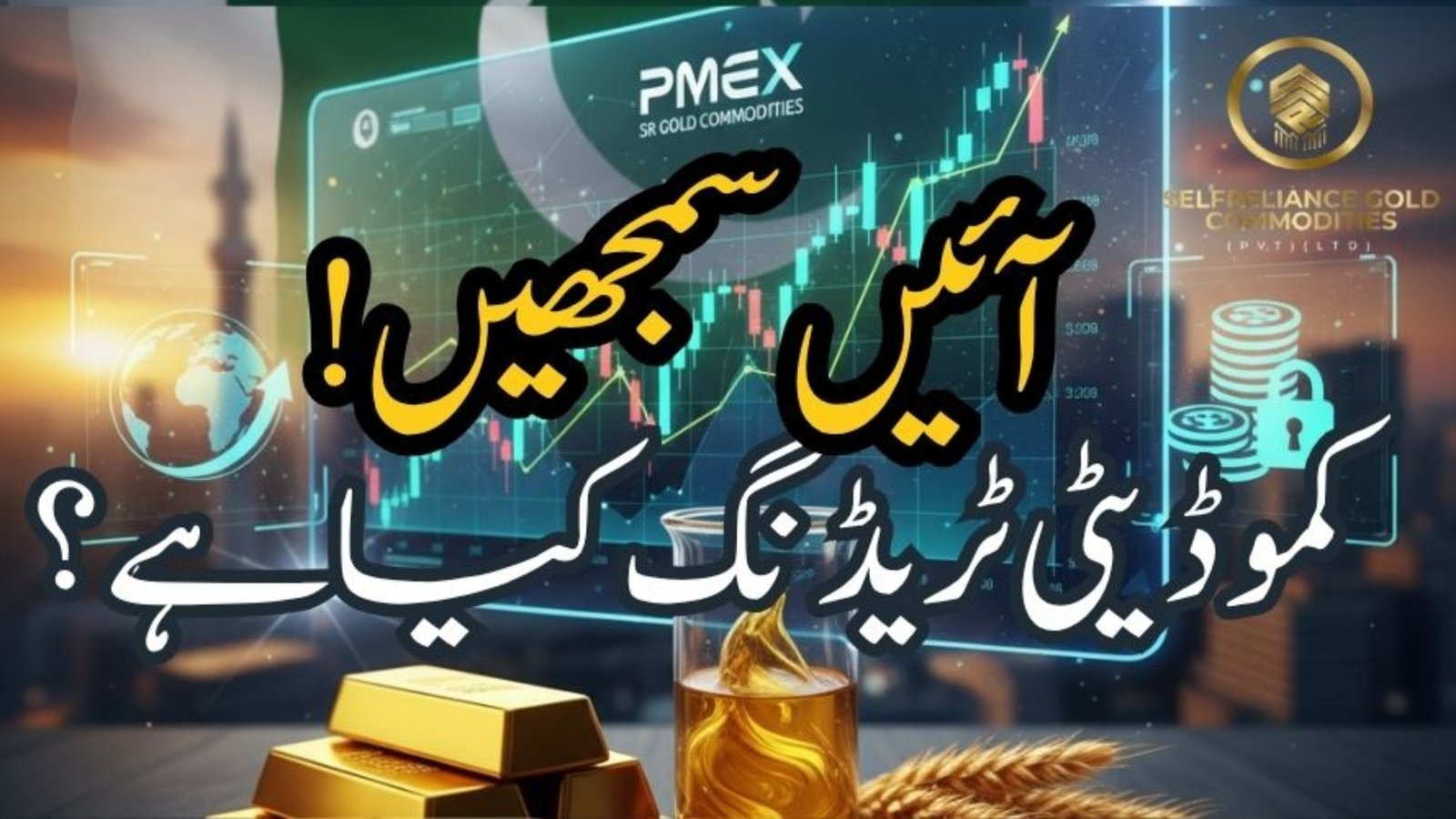 Learn what commodity trading is and how it works in Pakistan — a professional thumbnail by SR Gold Commodities, your PMEX-approved trading partner.