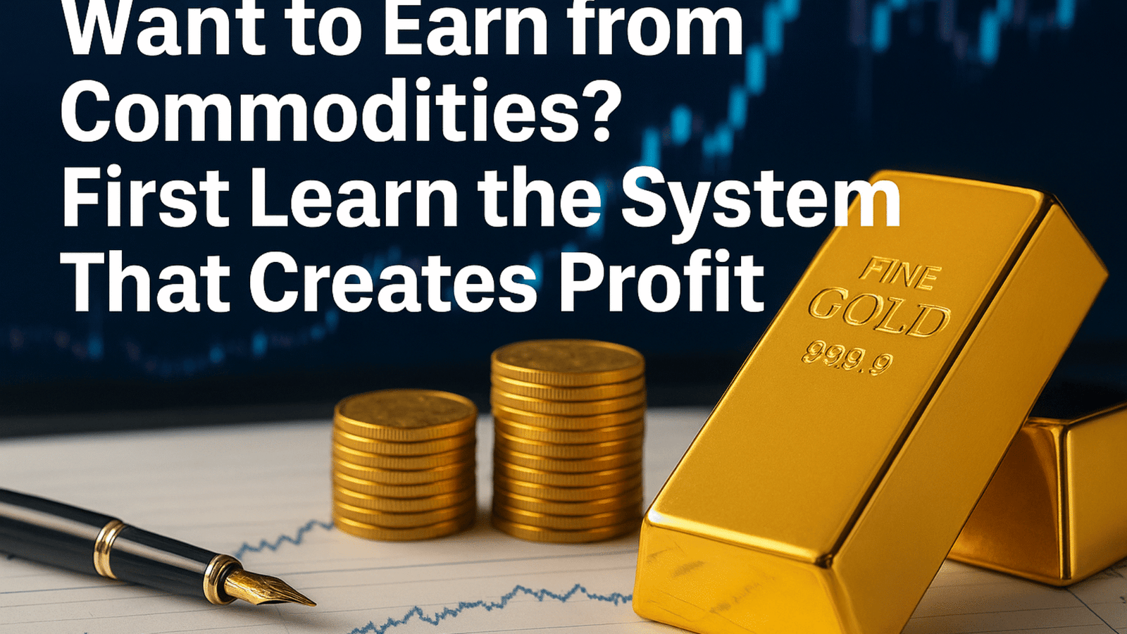 Investor analyzing commodity market trends on a laptop with charts and gold bars, symbolizing profitable trading strategies.