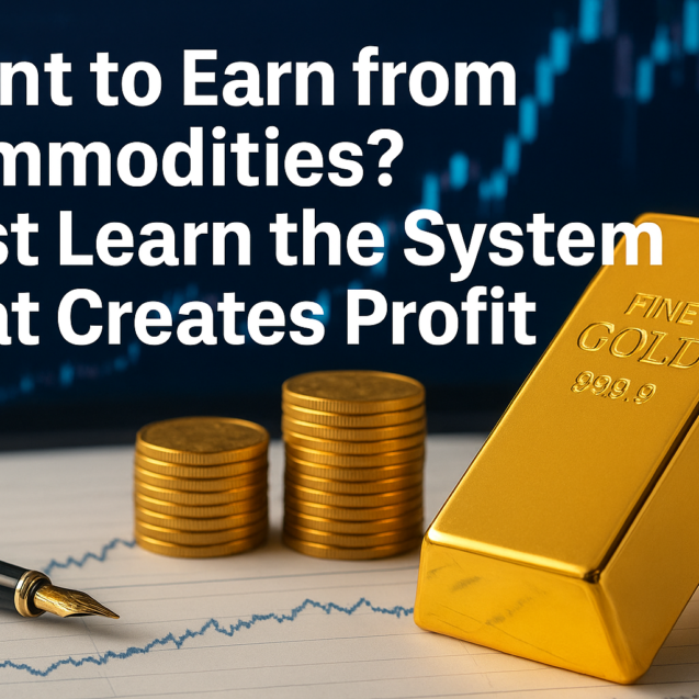 Investor analyzing commodity market trends on a laptop with charts and gold bars, symbolizing profitable trading strategies.