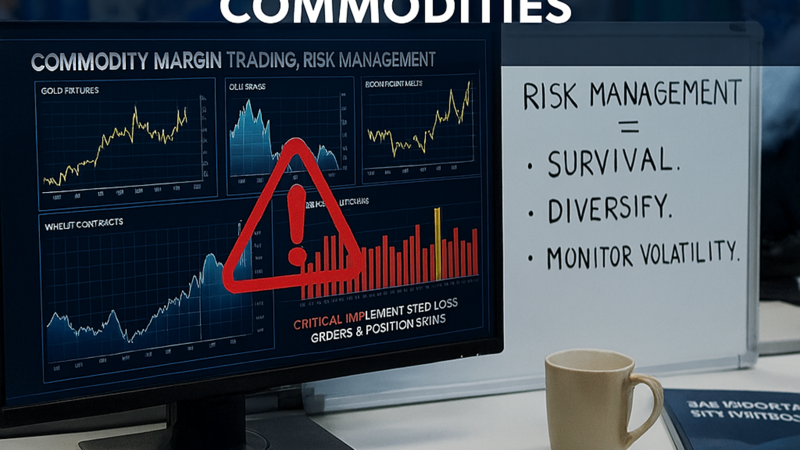 Risk management dashboard for margin trading in commodities showing charts for gold, oil, and wheat with warning sign and risk tips on whiteboard