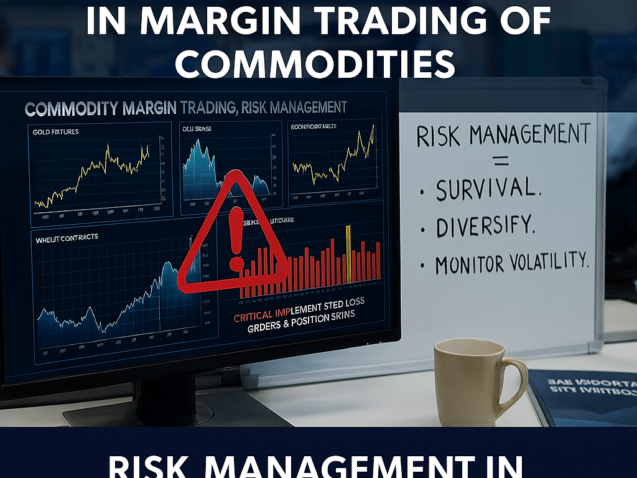Risk management dashboard for margin trading in commodities showing charts for gold, oil, and wheat with warning sign and risk tips on whiteboard
