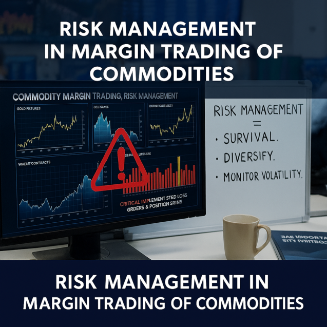 Risk management dashboard for margin trading in commodities showing charts for gold, oil, and wheat with warning sign and risk tips on whiteboard
