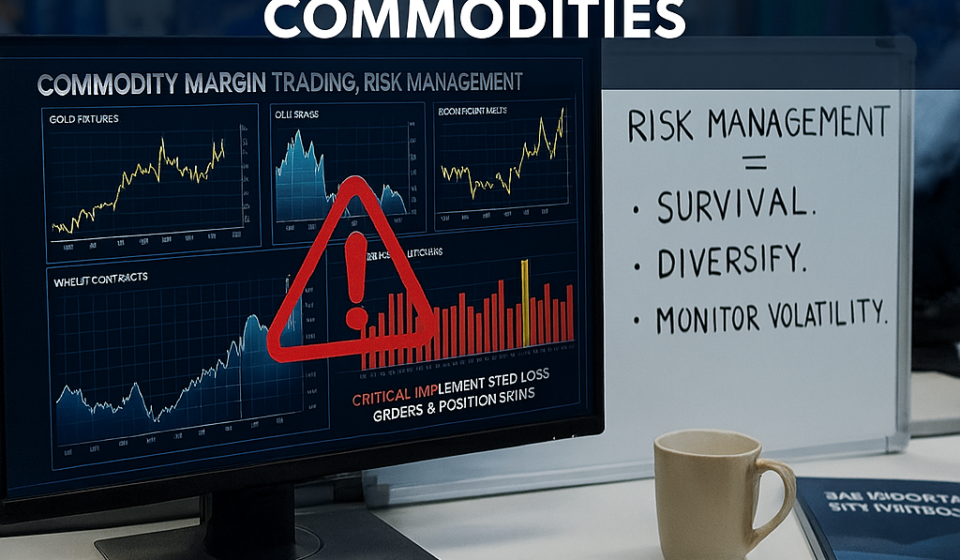 Risk management dashboard for margin trading in commodities showing charts for gold, oil, and wheat with warning sign and risk tips on whiteboard